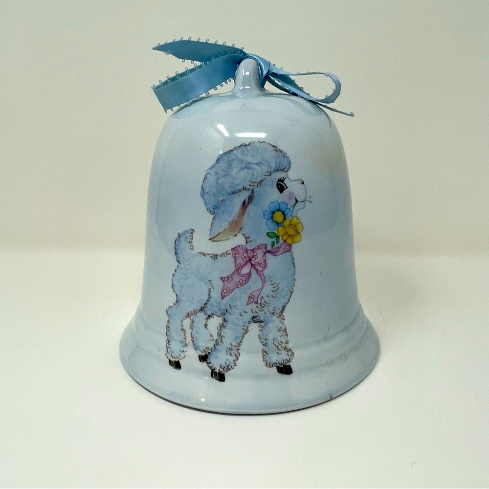 Vintage Porcelain Ceramic Musical Bell baby lamb baby blue nursery decor